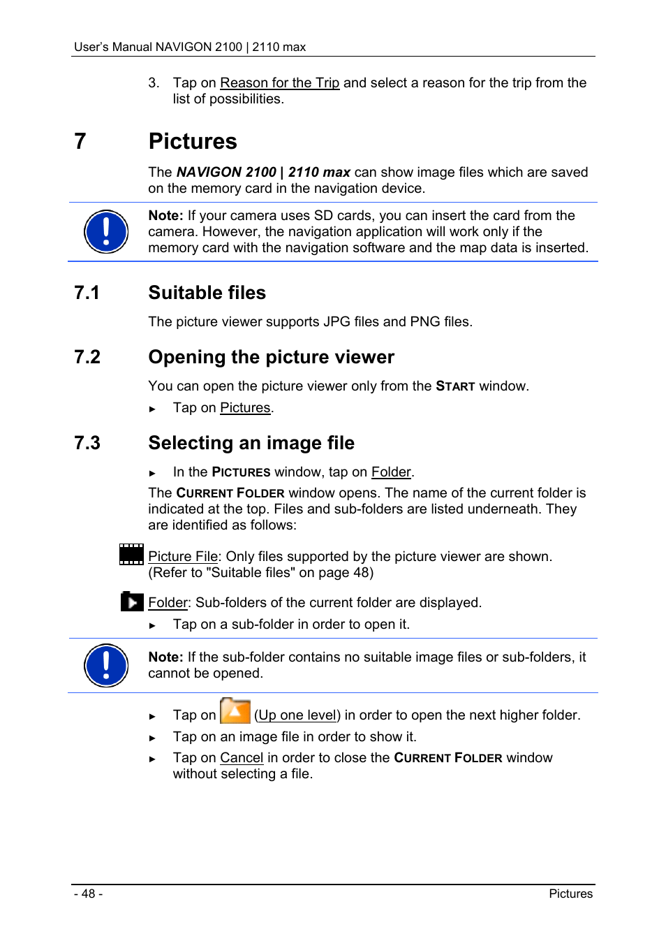 7 pictures, 1 suitable files, 2 opening the picture viewer | 3 selecting an image file, Pictures, Suitable files, Opening the picture viewer, Selecting an image file | Navigon 2100 User Manual | Page 48 / 57