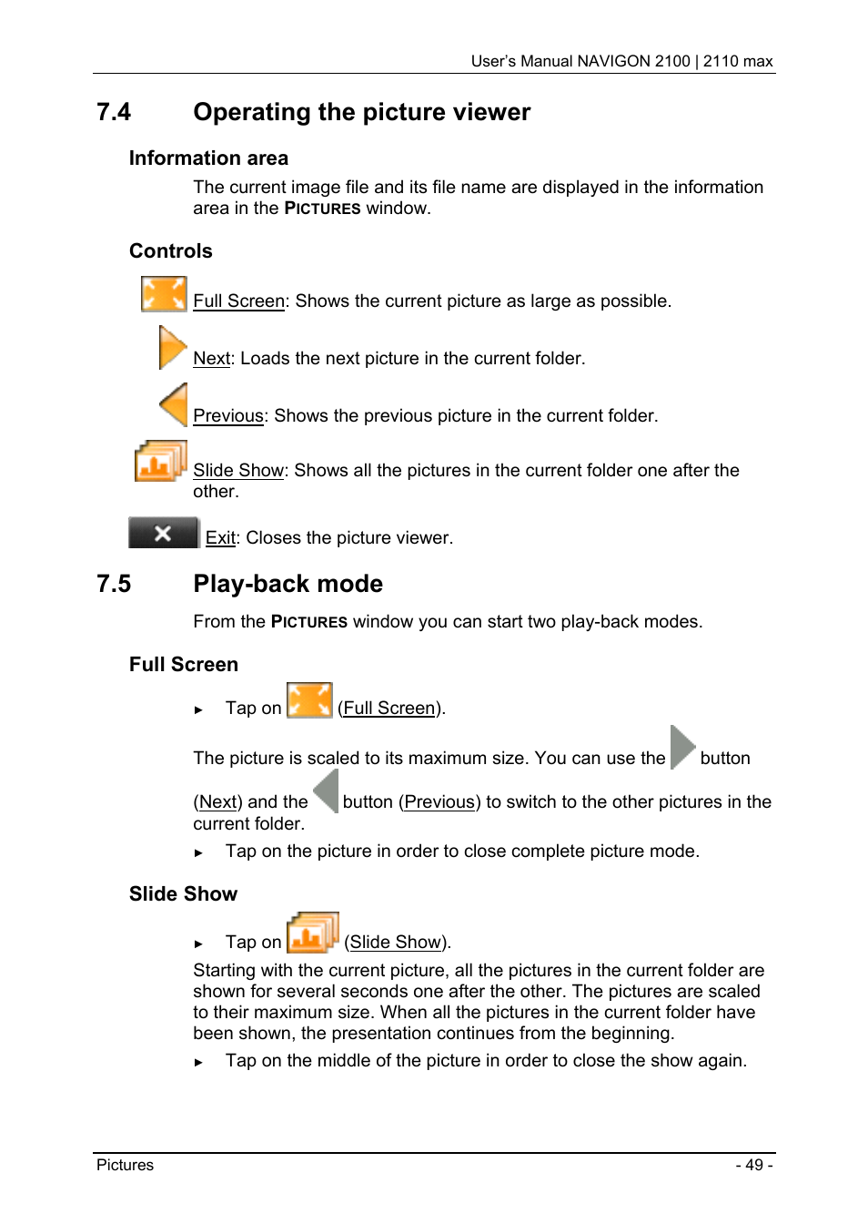 4 operating the picture viewer, 5 play-back mode, Operating the picture viewer | Play-back mode | Navigon 2100 User Manual | Page 49 / 57
