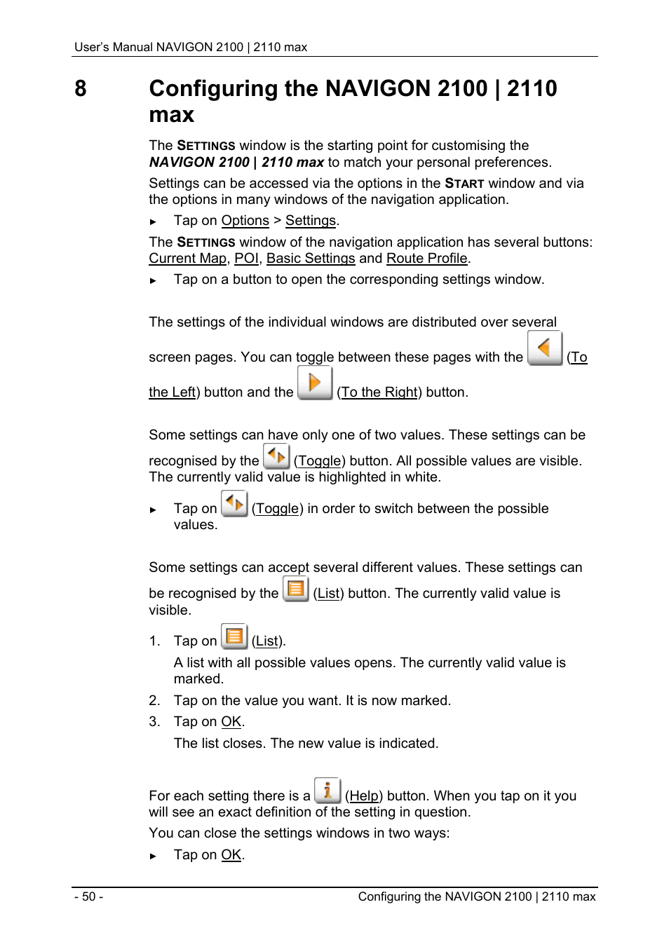 8 configuring the navigon 2100 | 2110 max, Configuring the navigon 2100 | 2110 max, Configuring the navigon 2100 | 2110 max" on p | Navigon 2100 User Manual | Page 50 / 57