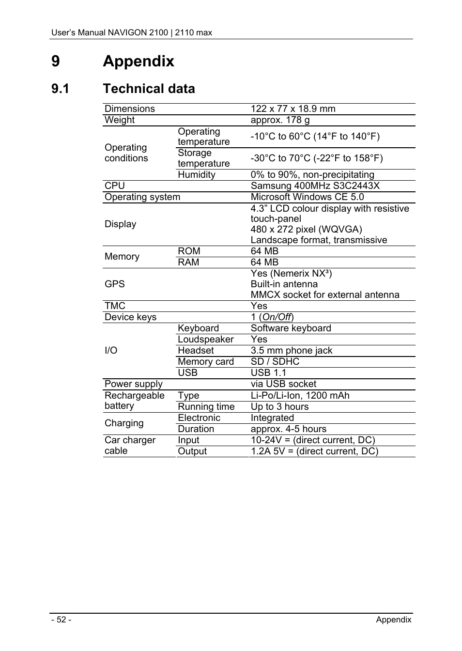 9 appendix, 1 technical data, Appendix | Technical data | Navigon 2100 User Manual | Page 52 / 57