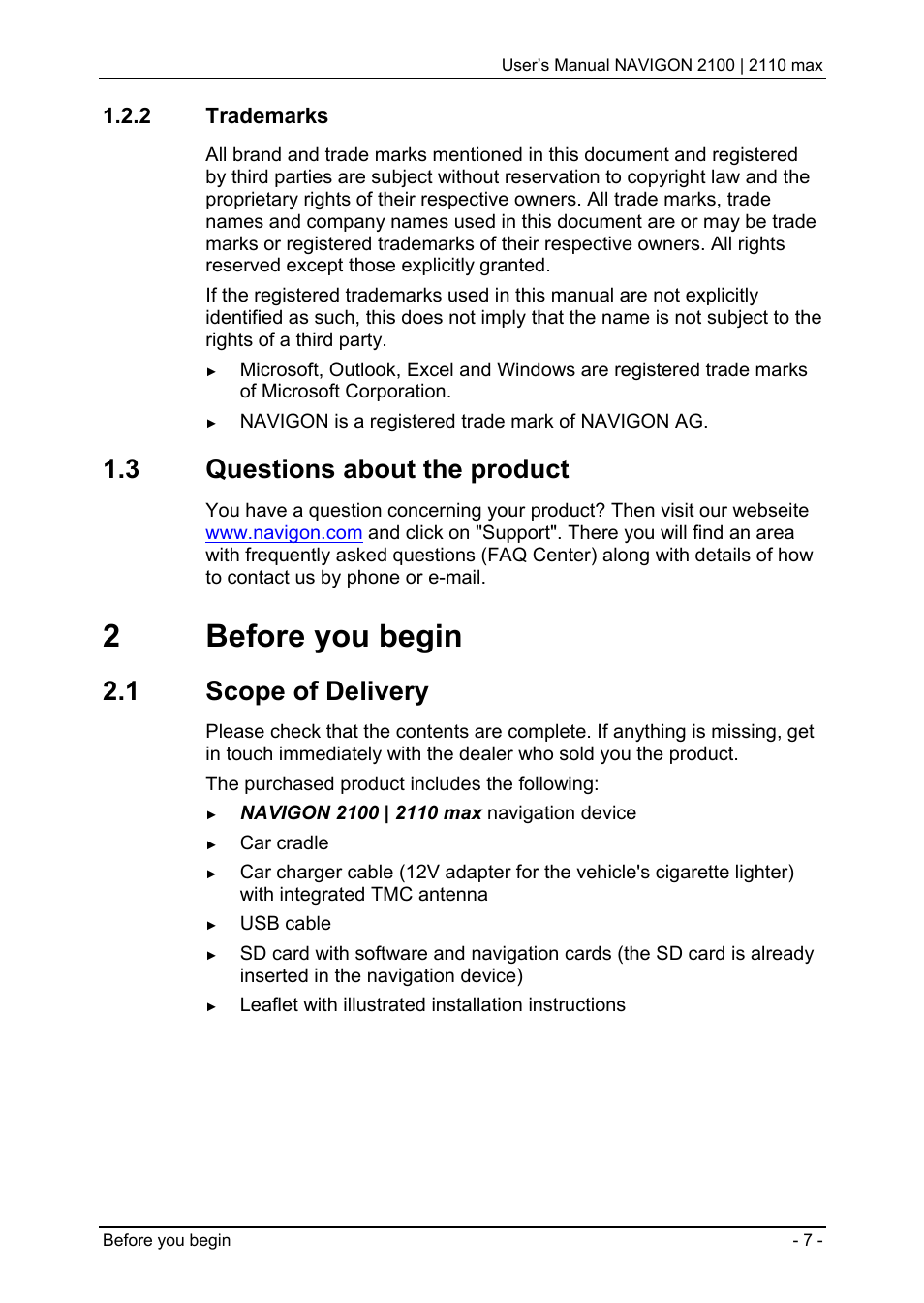 2 trademarks, 3 questions about the product, 2 before you begin | 1 scope of delivery, Trademarks, Questions about the product, Before you begin, Scope of delivery, 2before you begin | Navigon 2100 User Manual | Page 7 / 57