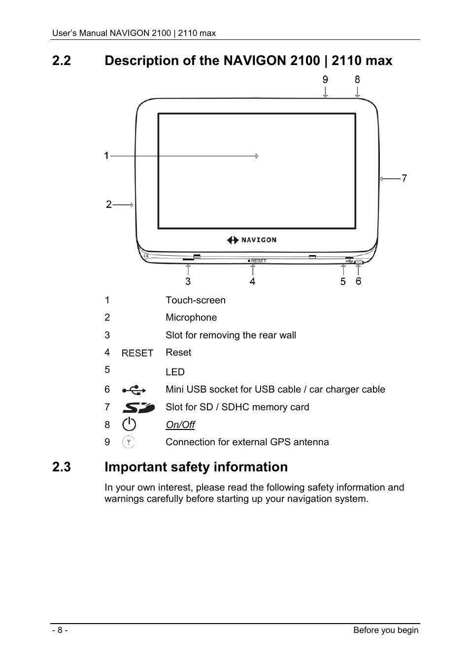 2 description of the navigon 2100 | 2110 max, 3 important safety information, Description of the navigon 2100 | 2110 max | Important safety information | Navigon 2100 User Manual | Page 8 / 57