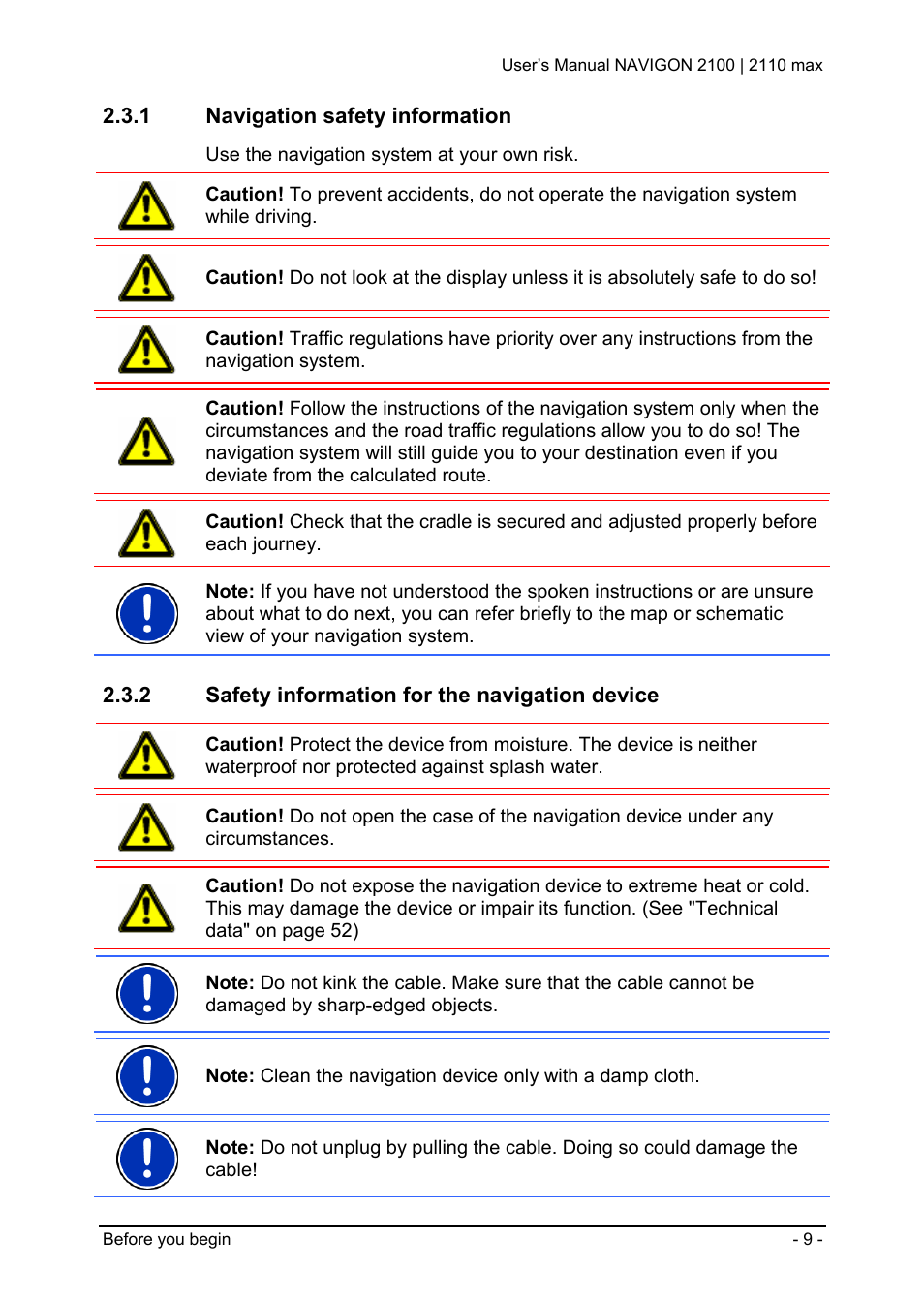 1 navigation safety information, 2 safety information for the navigation device, Navigation safety information | Safety information for the navigation device | Navigon 2100 User Manual | Page 9 / 57