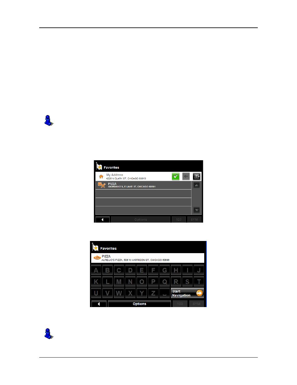 Selecting a saved destination, Selecting a destination from the favorites list | Navigon 7200T User Manual | Page 105 / 176