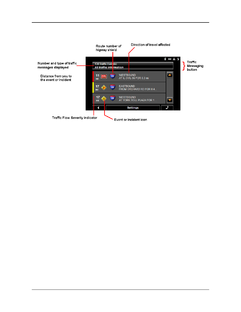 The tmc (traffic information) window, Types of messages, Specify the type of traffic messages to display | Navigon 7200T User Manual | Page 132 / 176