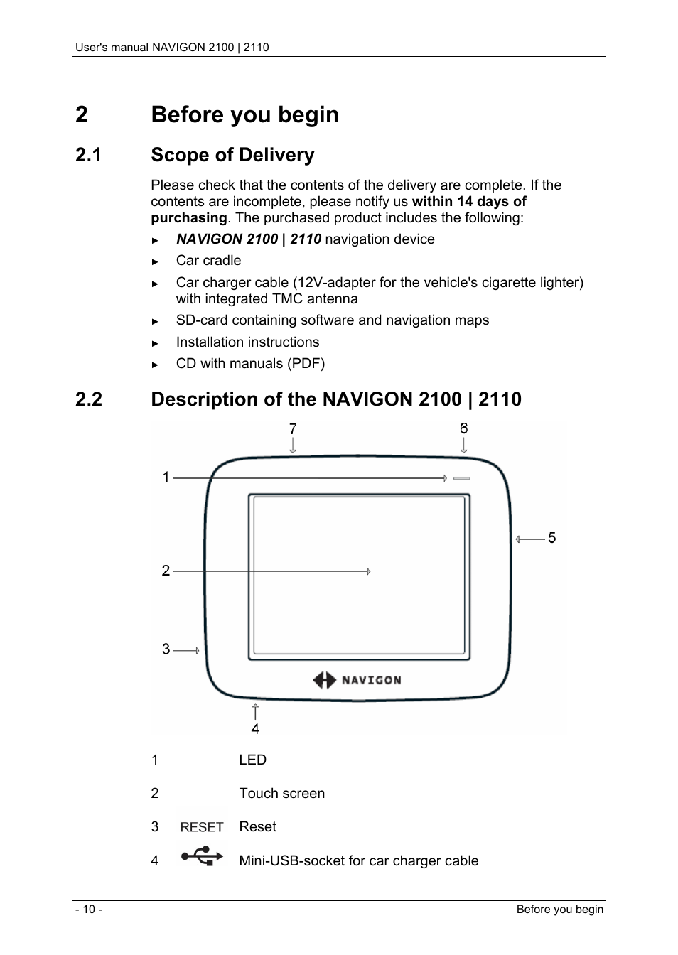 2 before you begin, 1 scope of delivery, 2 description of the navigon 2100 | 2110 | Before you begin, Scope of delivery, Description of the navigon 2100 | 2110, 2before you begin | Navigon PNA 2110 User Manual | Page 10 / 54