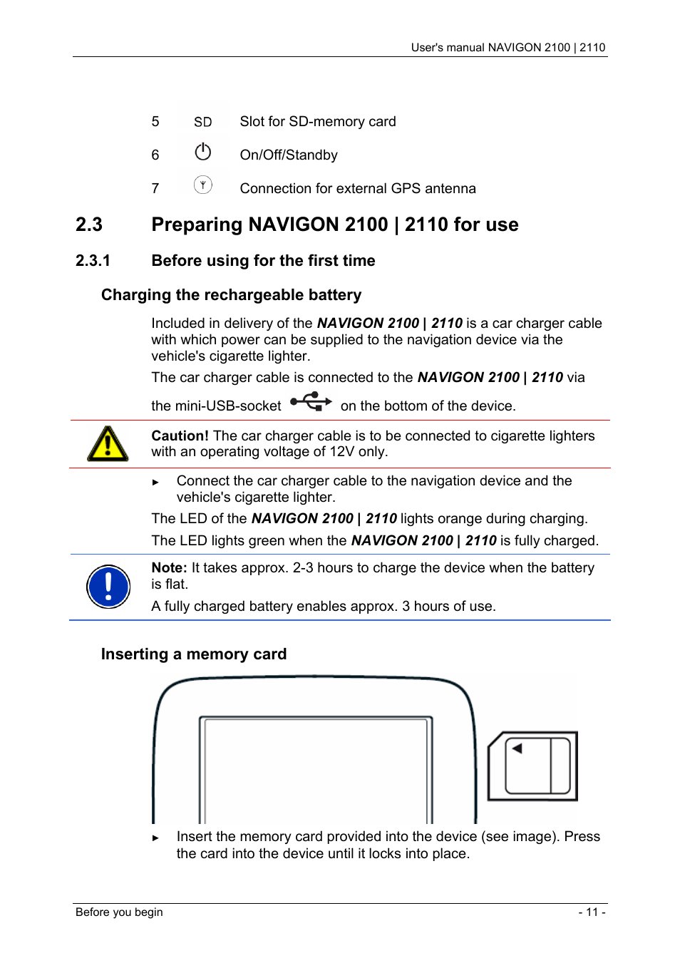 3 preparing navigon 2100 | 2110 for use, 1 before using for the first time, Preparing navigon 2100 | 2110 for use | Before using for the first time | Navigon PNA 2110 User Manual | Page 11 / 54