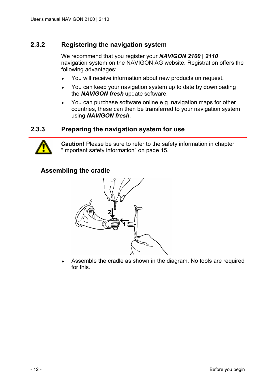 2 registering the navigation system, 3 preparing the navigation system for use, Registering the navigation system | Preparing the navigation system for use, Assembling the cradle | Navigon PNA 2110 User Manual | Page 12 / 54