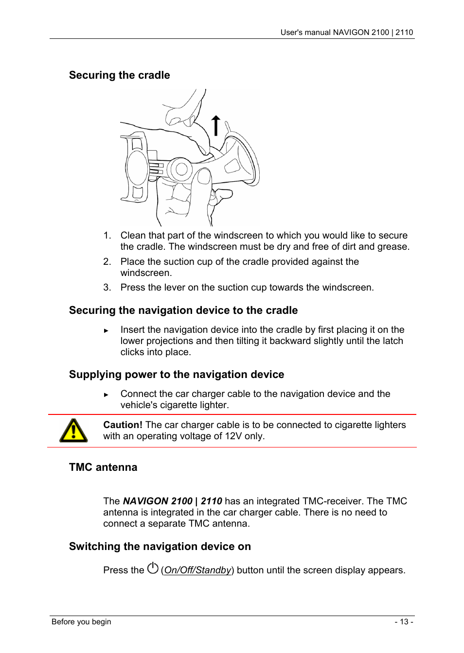 Securing the cradle, Securing the navigation device to the cradle, Supplying power to the navigation device | Tmc antenna, Switching the navigation device on | Navigon PNA 2110 User Manual | Page 13 / 54
