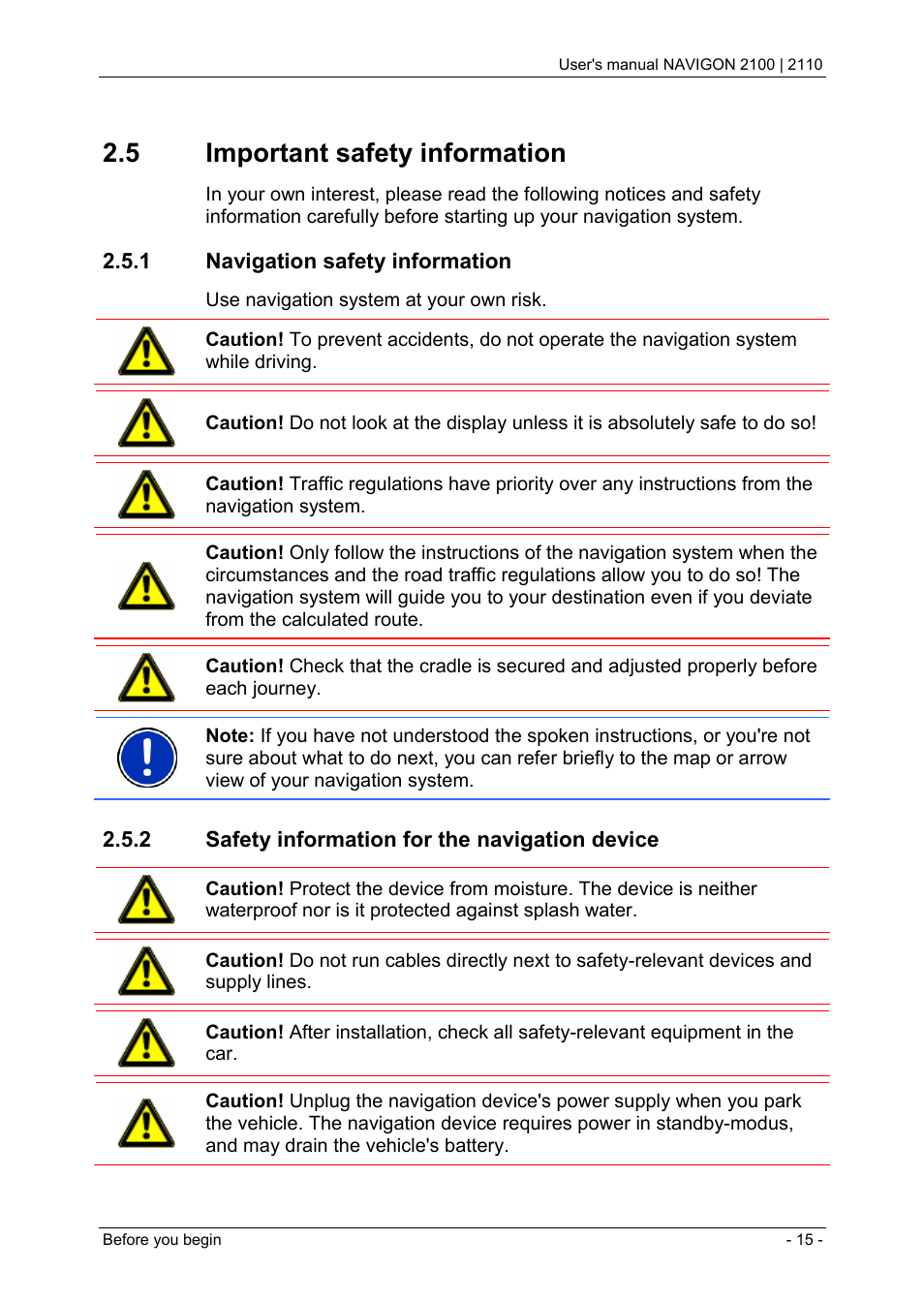 5 important safety information, 1 navigation safety information, 2 safety information for the navigation device | Navigation with gps, Important safety information, Navigation safety information | Navigon PNA 2110 User Manual | Page 15 / 54