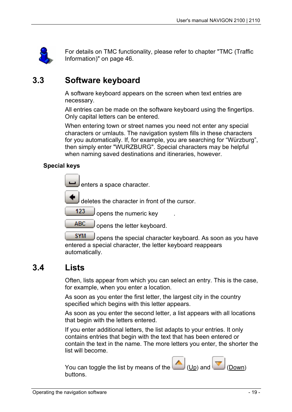 3 software keyboard, 4 lists, Software keyboard | Navigon PNA 2110 User Manual | Page 19 / 54