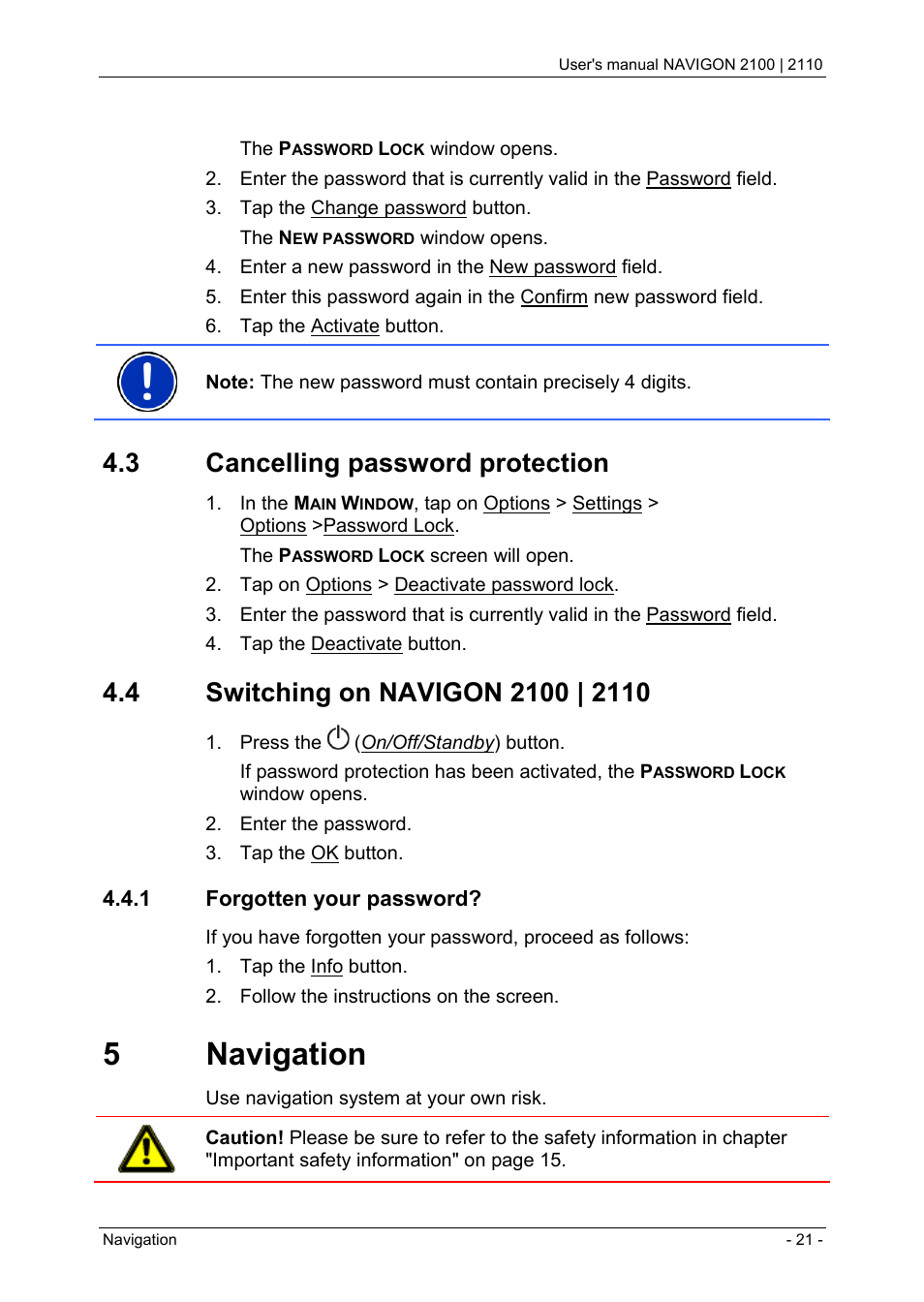 3 cancelling password protection, 4 switching on navigon 2100 | 2110, 1 forgotten your password | 5 navigation, Menus, Password lock, Activating password protection, Changing a password | Navigon PNA 2110 User Manual | Page 21 / 54