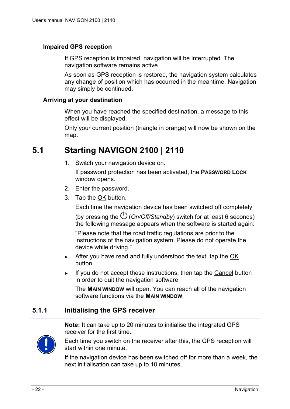 1 starting navigon 2100 | 2110, 1 initialising the gps receiver, Cancelling password protection | Switching on navigon 2100 | 2110, Forgotten your password, Navigation | Navigon PNA 2110 User Manual | Page 22 / 54