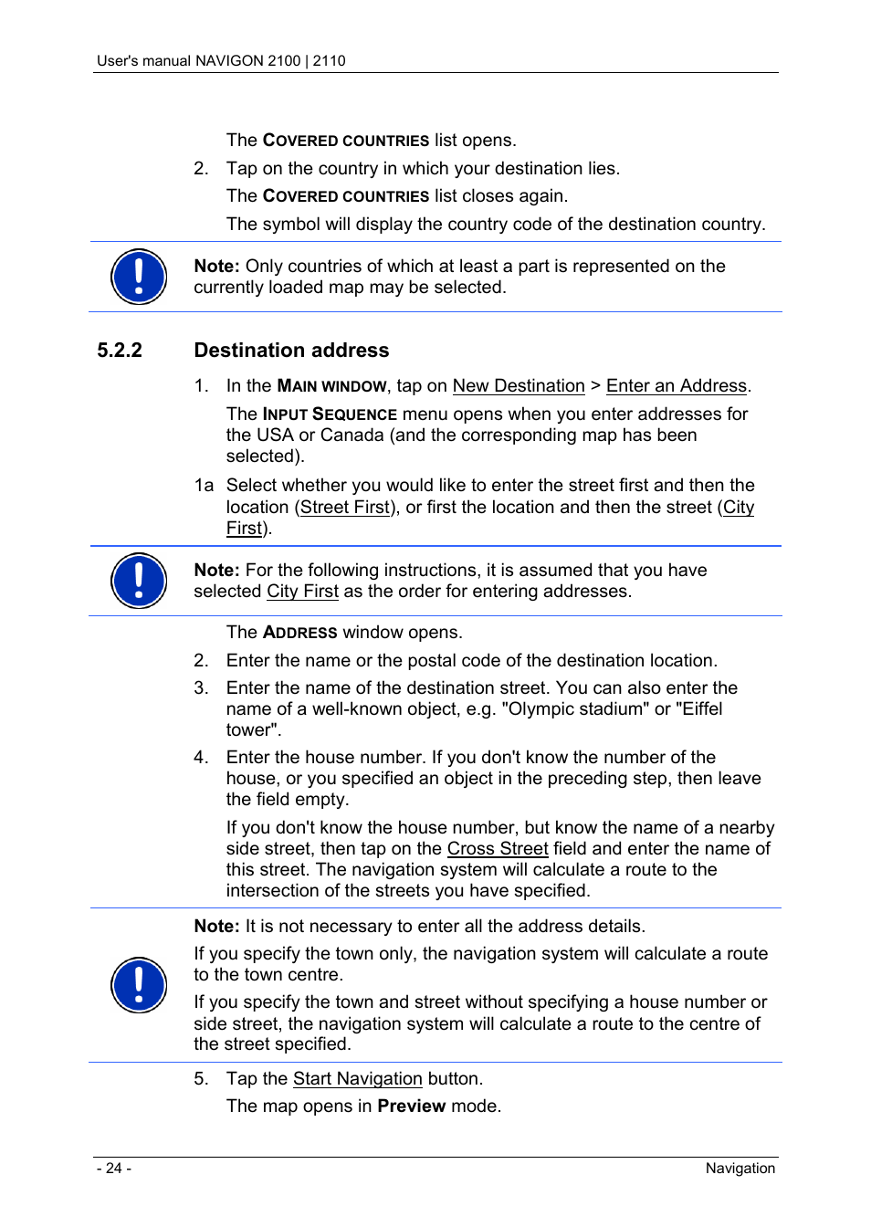 2 destination address, Specifying a new destination, Specifying the destination country | Navigon PNA 2110 User Manual | Page 24 / 54