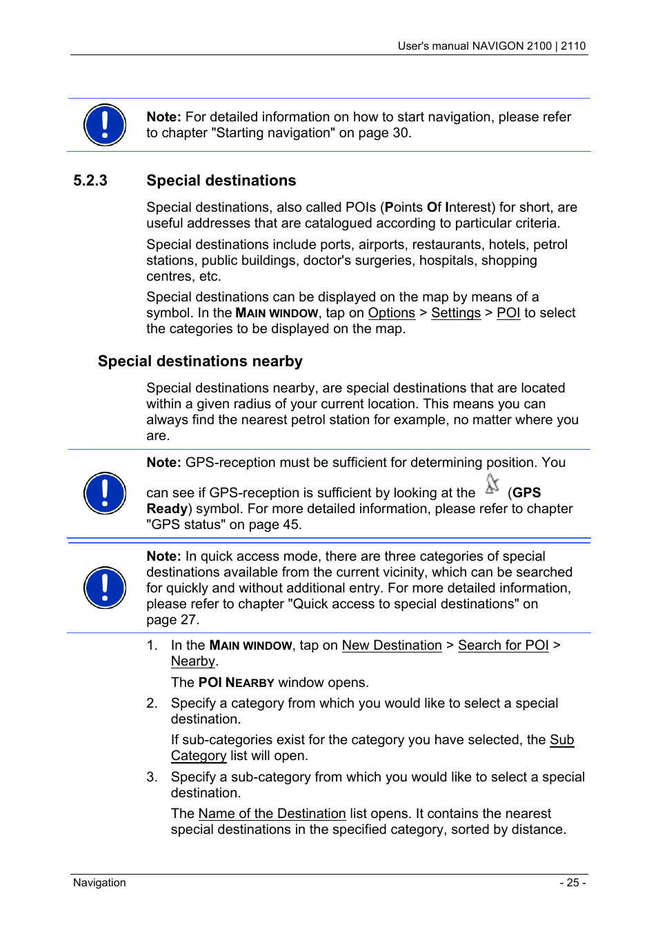 3 special destinations, Destination address, Special destinations nearby | Navigon PNA 2110 User Manual | Page 25 / 54