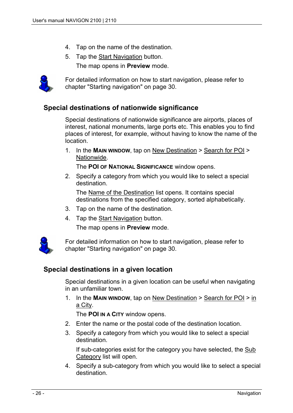 Special destinations, Special destinations of nationwide significance, Special destinations in a given location | Navigon PNA 2110 User Manual | Page 26 / 54