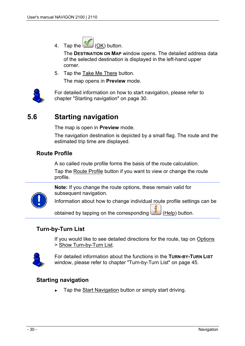 6 starting navigation, Last destinations, Favourites | Navigating homewards, Starting navigation" o, Chapter "starting navigation" on p, Route profile, Turn-by-turn list, Starting navigation | Navigon PNA 2110 User Manual | Page 30 / 54