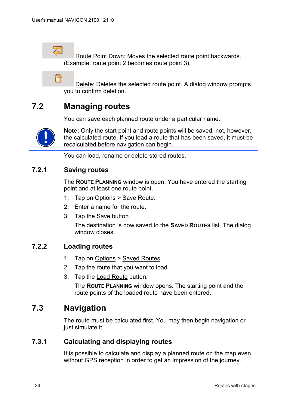 2 managing routes, 1 saving routes, 2 loading routes | 3 navigation, 1 calculating and displaying routes, Routes with stages, Route planning, Entering the starting point | Navigon PNA 2110 User Manual | Page 34 / 54