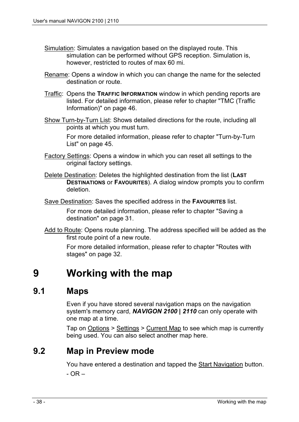 9 working with the map, 1 maps, 2 map in preview mode | 9working with the map | Navigon PNA 2110 User Manual | Page 38 / 54