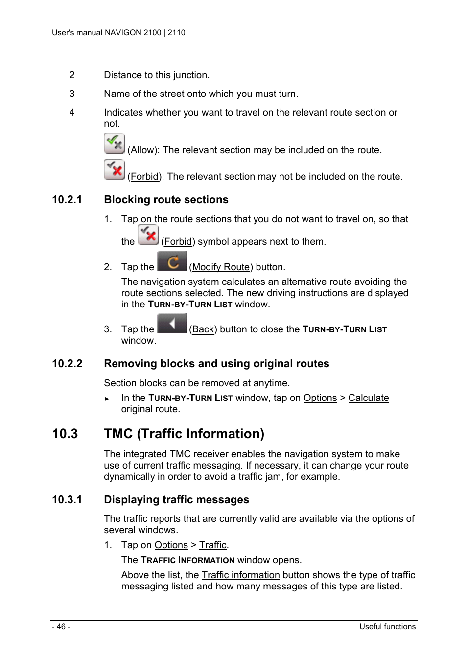 1 blocking route sections, 2 removing blocks and using original routes, 3 tmc (traffic information) | 1 displaying traffic messages | Navigon PNA 2110 User Manual | Page 46 / 54