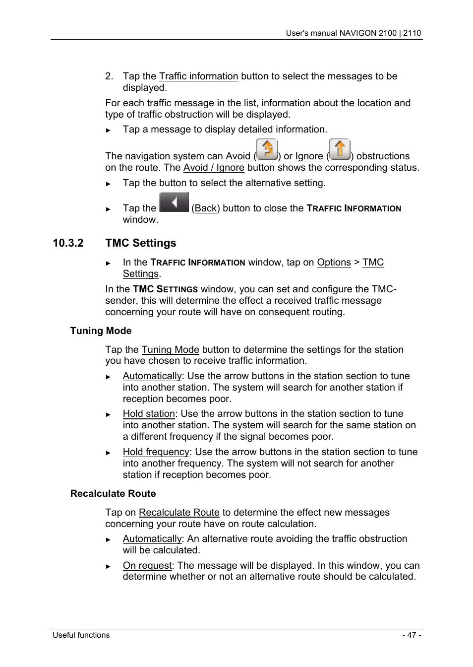 2 tmc settings, Operating in destination search mode | Navigon PNA 2110 User Manual | Page 47 / 54