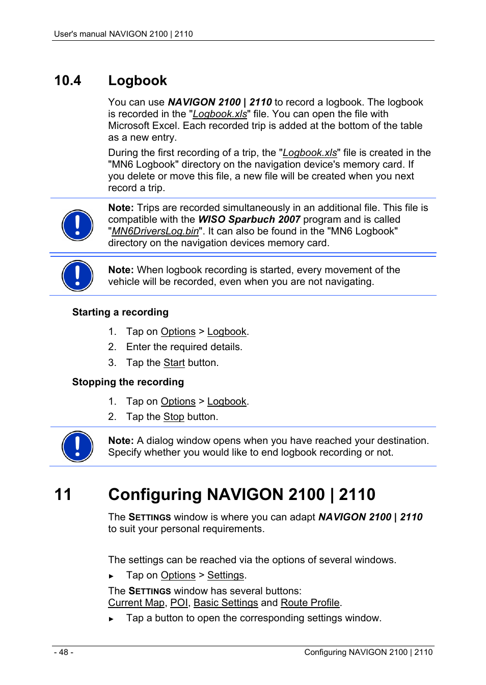 4 logbook, 11 configuring navigon 2100 | 2110, Useful functions | Gps status, storing the current location, Turn-by-turn list, Configuring navigon 2100 | 2110" on, Logbook" on pag | Navigon PNA 2110 User Manual | Page 48 / 54