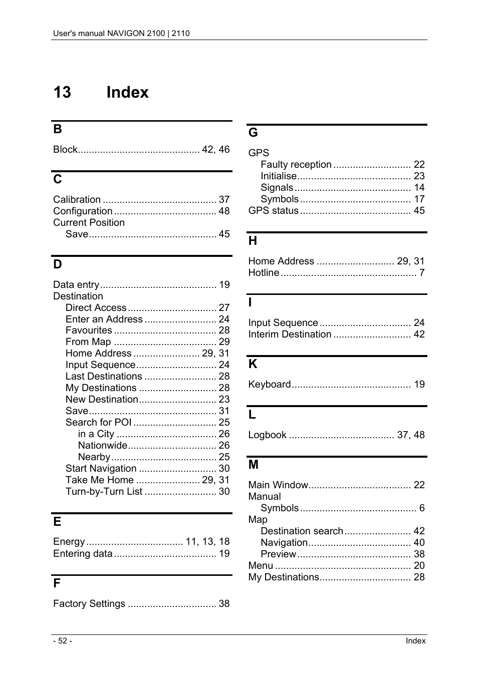 13 index, Configuring navigon 2100 | 2110 | Navigon PNA 2110 User Manual | Page 52 / 54