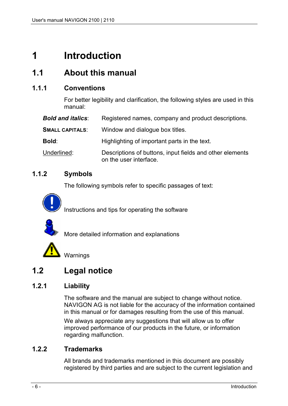 1 introduction, 1 about this manual, 1 conventions | 2 symbols, 2 legal notice, 1 liability, 2 trademarks, Introduction, About this manual, Conventions | Navigon PNA 2110 User Manual | Page 6 / 54