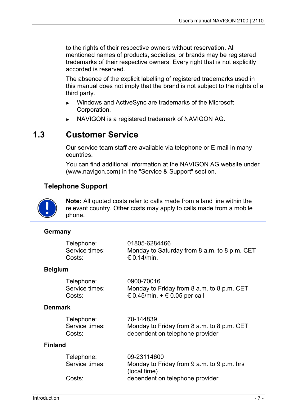 3 customer service, Trademarks, Customer service | Telephone support | Navigon PNA 2110 User Manual | Page 7 / 54