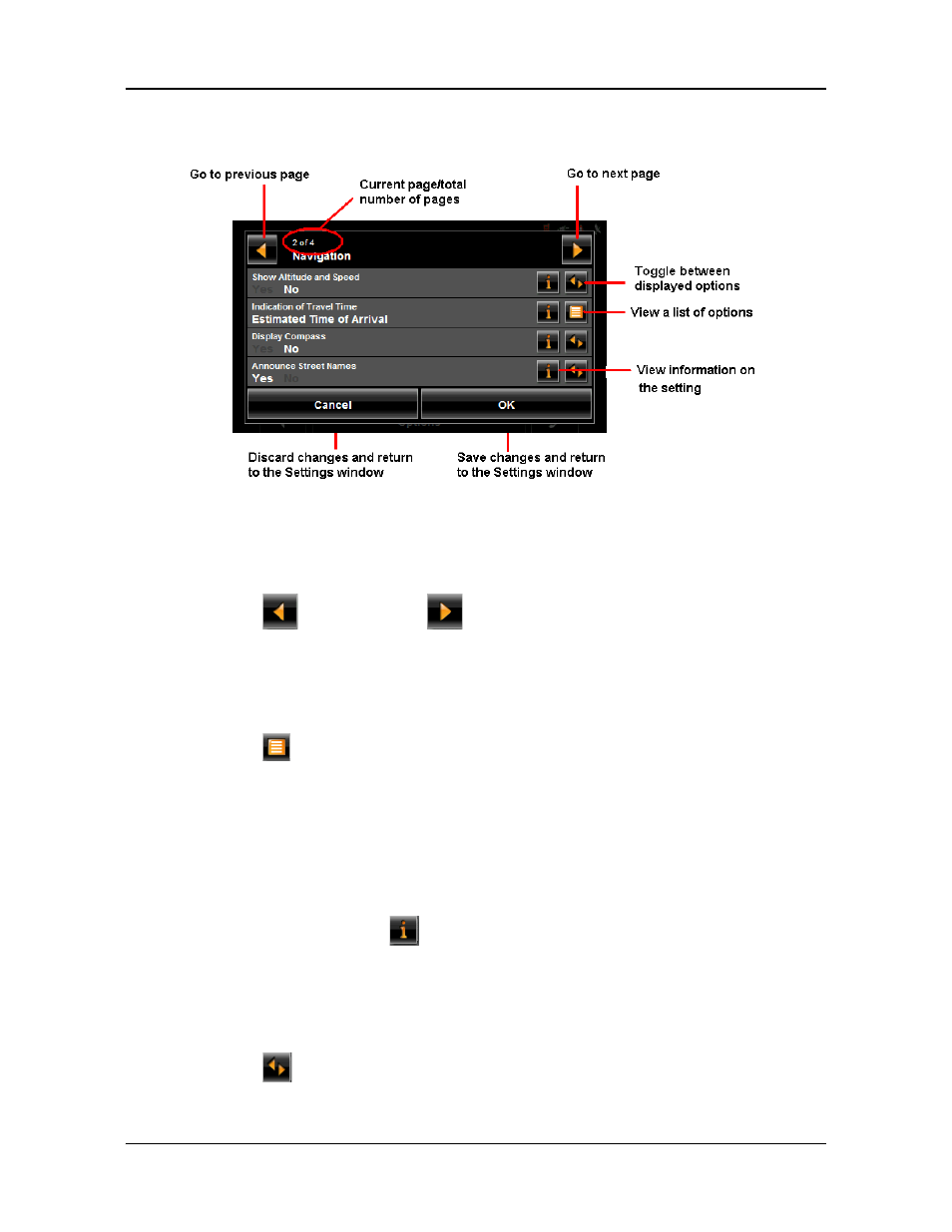 Selecting options, Viewing a list of options for a setting, Viewing information about a setting | Toggling between options, Moving between pages | Navigon PNA 2100 max User Manual | Page 133 / 144