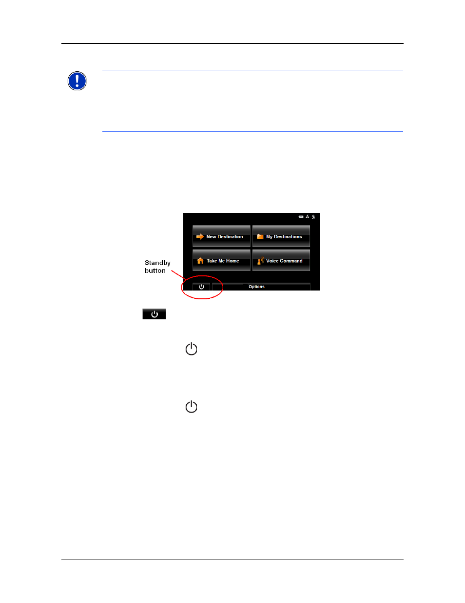 Using standby mode, From the main window, From any navigon 2100 max | 2120 max window | Switching the device back on from standby | Navigon PNA 2100 max User Manual | Page 41 / 144
