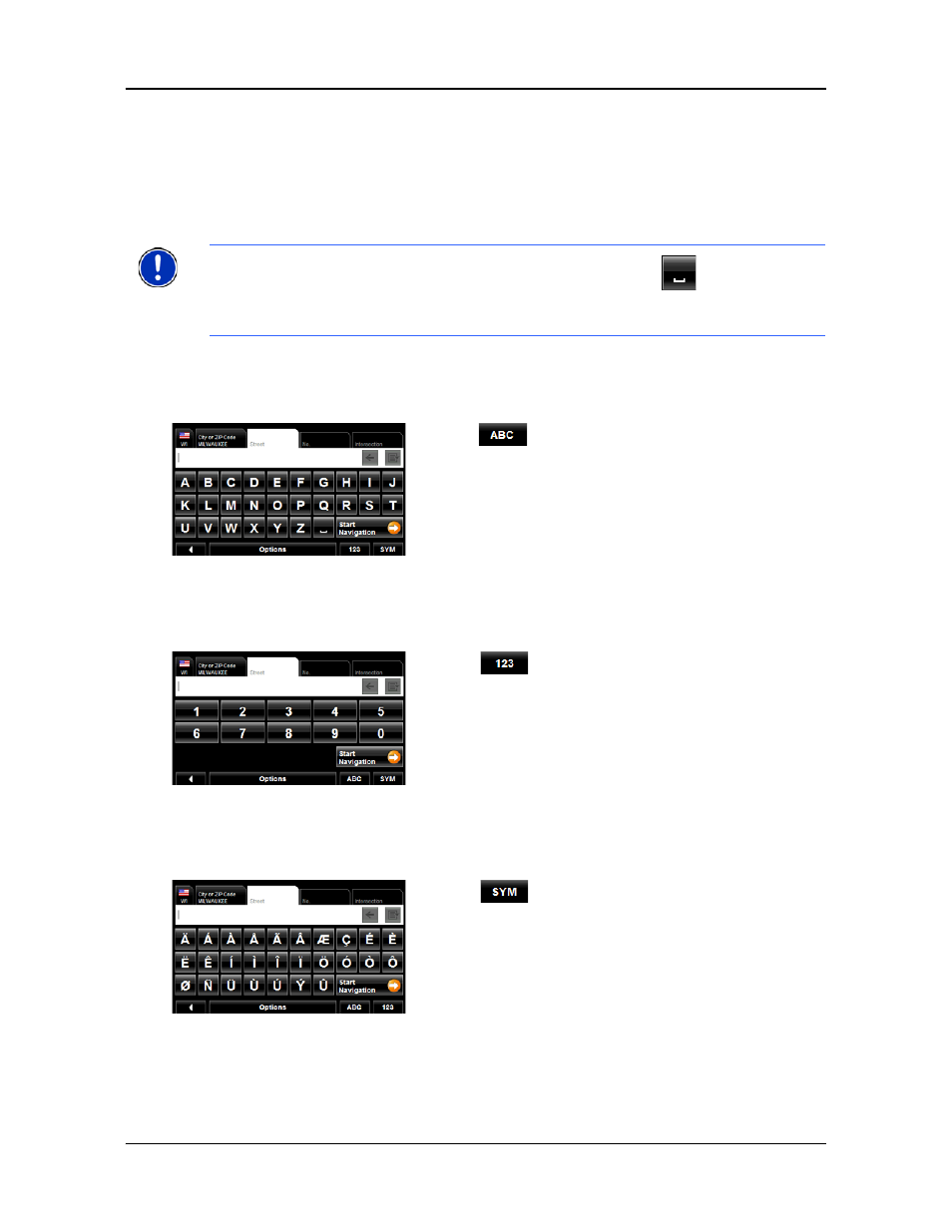 Using keyboards, Alphabetic keyboard, Numeric keyboard | Special character/symbol keyboard | Navigon PNA 2100 max User Manual | Page 45 / 144