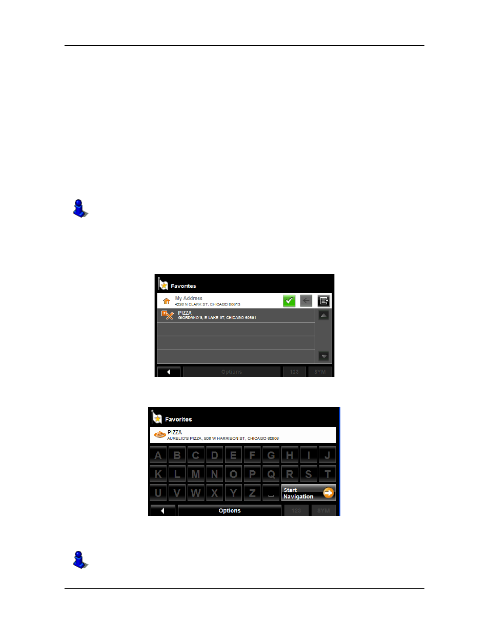Selecting a saved destination, Selecting a destination from the favorites list | Navigon PNA 2100 max User Manual | Page 93 / 144