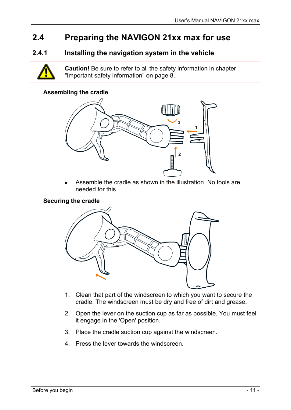 4 preparing the navigon 21xx max for use, 1 installing the navigation system in the vehicle, Preparing the navigon 21xx max for use | Installing the navigation system in the vehicle | Navigon 21xx max User Manual | Page 11 / 66