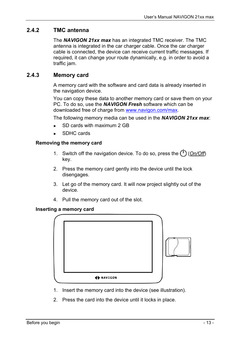 2 tmc antenna, 3 memory card, Tmc antenna | Memory card | Navigon 21xx max User Manual | Page 13 / 66