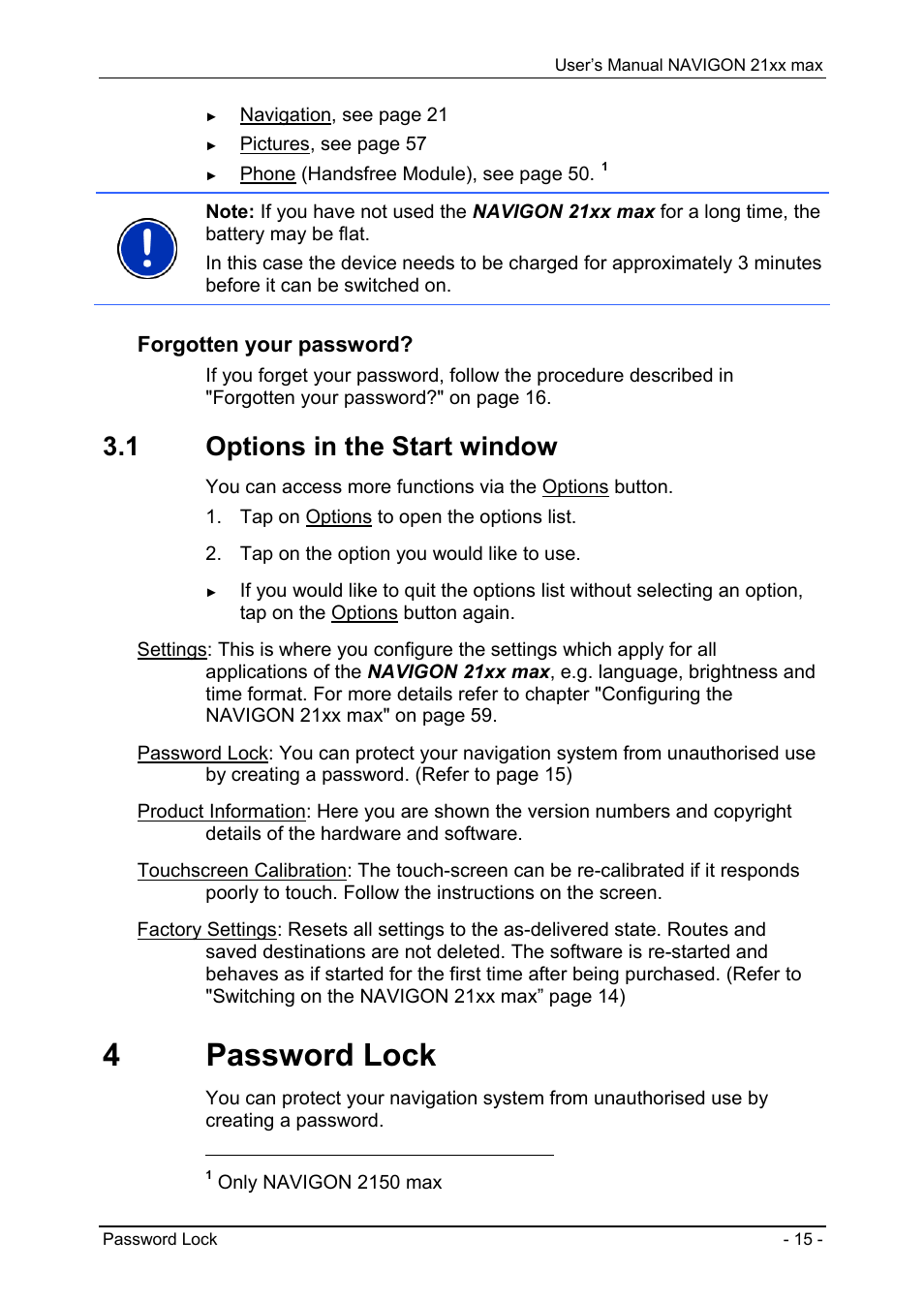 1 options in the start window, 4 password lock, Options in the start window | Navigon 21xx max User Manual | Page 15 / 66