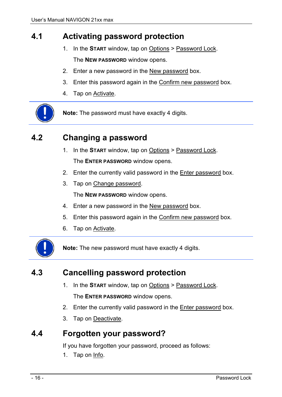 1 activating password protection, 2 changing a password, 3 cancelling password protection | 4 forgotten your password, Password lock, Activating password protection, Changing a password, Forgotten your password, Age 16 | Navigon 21xx max User Manual | Page 16 / 66