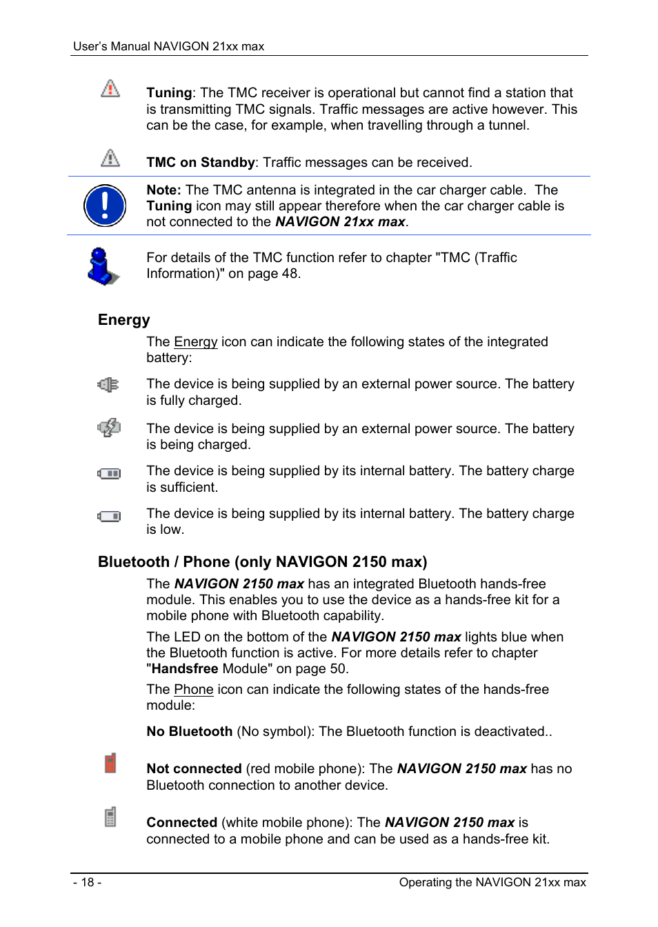 Energy, Bluetooth / phone (only navigon 2150 max) | Navigon 21xx max User Manual | Page 18 / 66