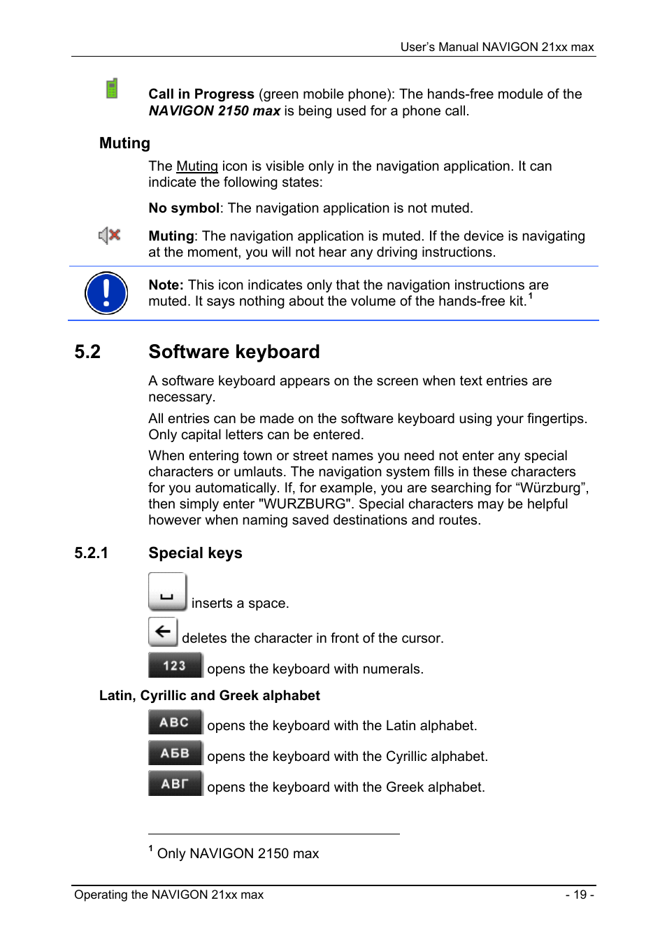 2 software keyboard, 1 special keys | Navigon 21xx max User Manual | Page 19 / 66