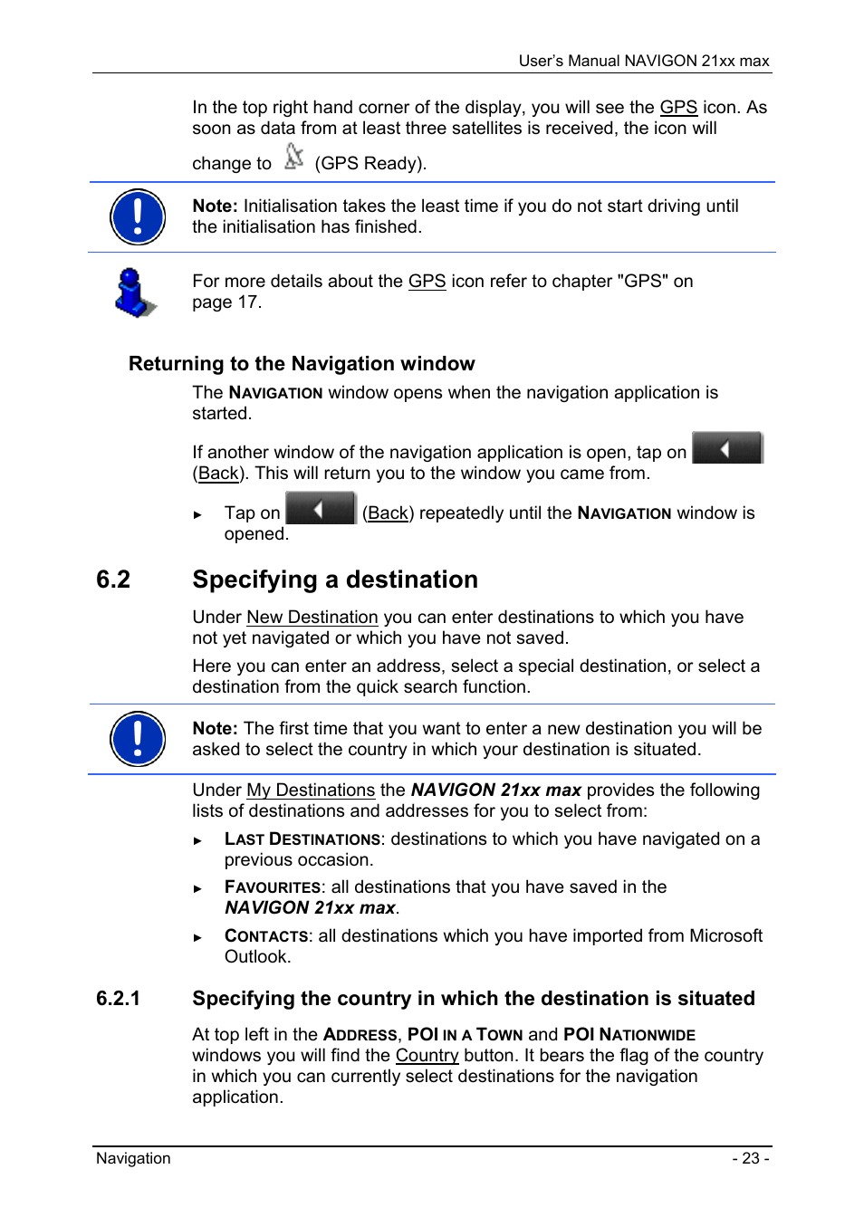 2 specifying a destination, Returning to the navigation window | Navigon 21xx max User Manual | Page 23 / 66