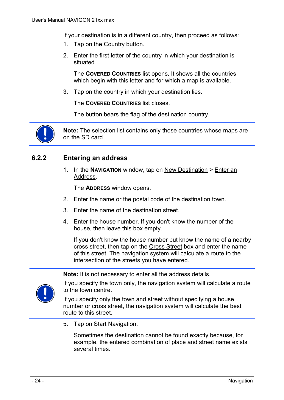 2 entering an address, Specifying a destination | Navigon 21xx max User Manual | Page 24 / 66