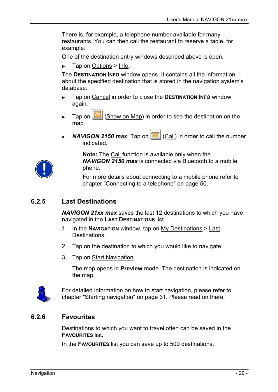 5 last destinations, 6 favourites | Navigon 21xx max User Manual | Page 29 / 66