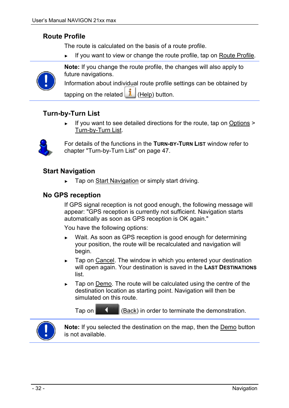 Navigating home, Selecting destinations on the map, Route profile | Turn-by-turn list, Start navigation, No gps reception | Navigon 21xx max User Manual | Page 32 / 66