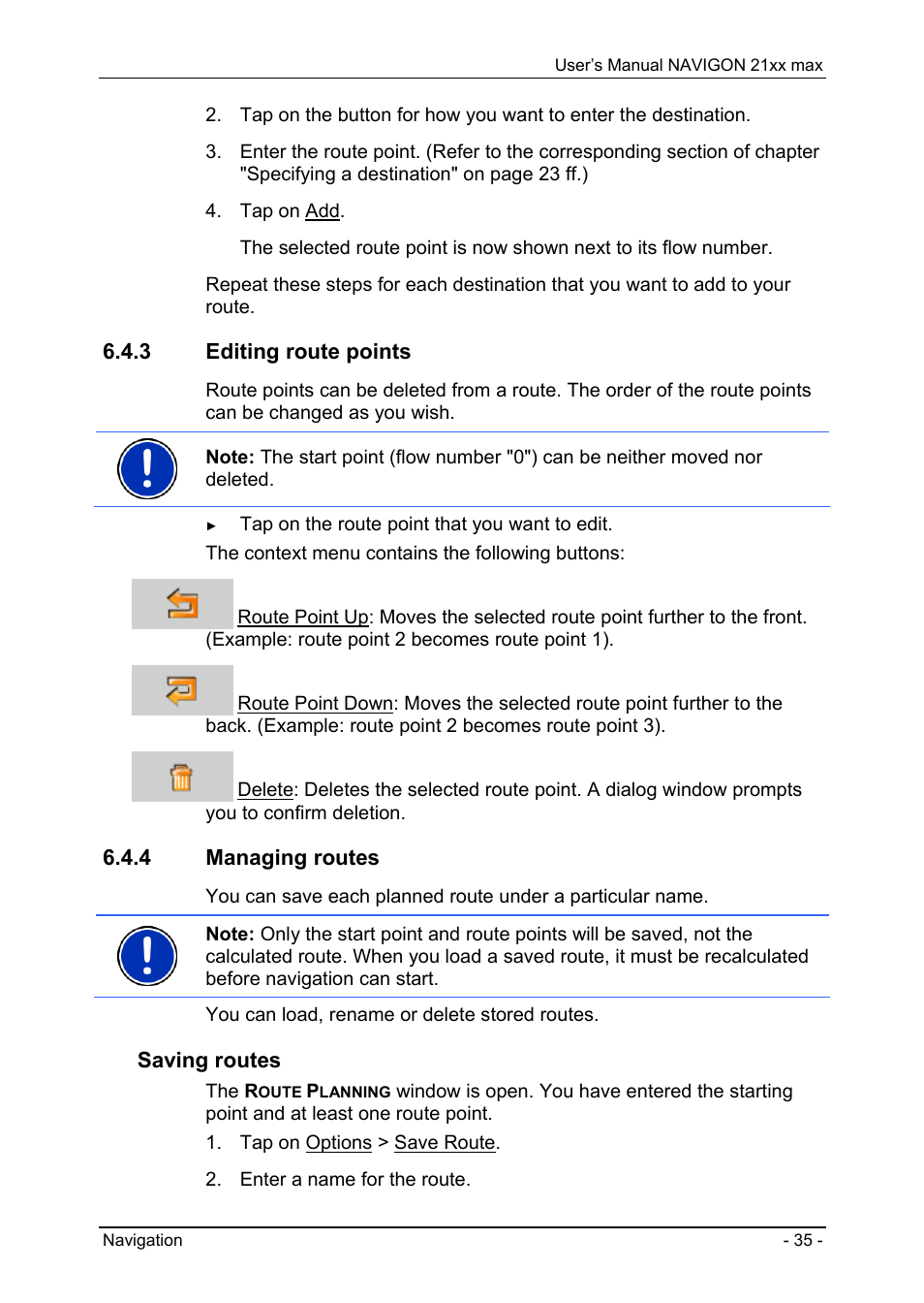 3 editing route points, 4 managing routes, Multi-leg routes | Entering the starting point, Saving routes | Navigon 21xx max User Manual | Page 35 / 66