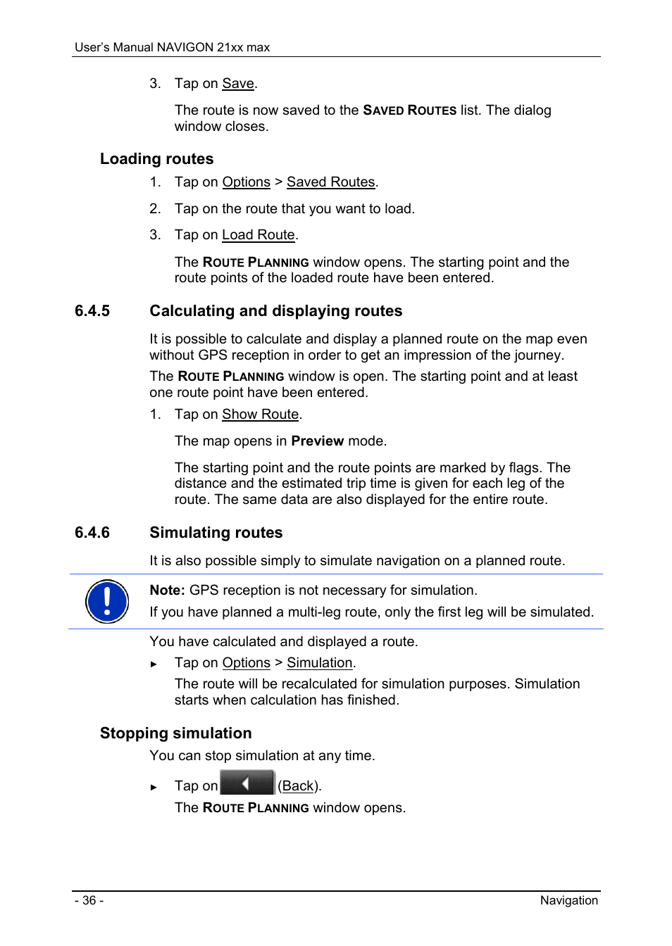 5 calculating and displaying routes, 6 simulating routes, Entering route points | Editing route points, Loading routes, Stopping simulation | Navigon 21xx max User Manual | Page 36 / 66