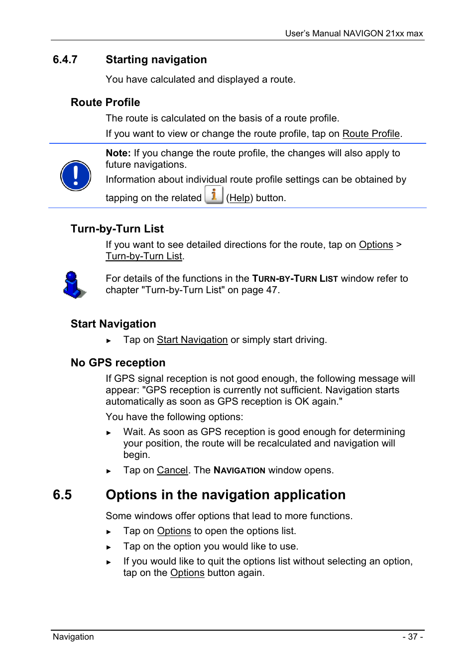 7 starting navigation, 5 options in the navigation application, Managing routes | Route profile, Turn-by-turn list, Start navigation, No gps reception | Navigon 21xx max User Manual | Page 37 / 66