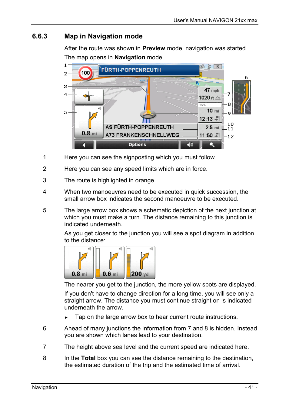 3 map in navigation mode, Working with the map, Maps | Map in preview mode | Navigon 21xx max User Manual | Page 41 / 66