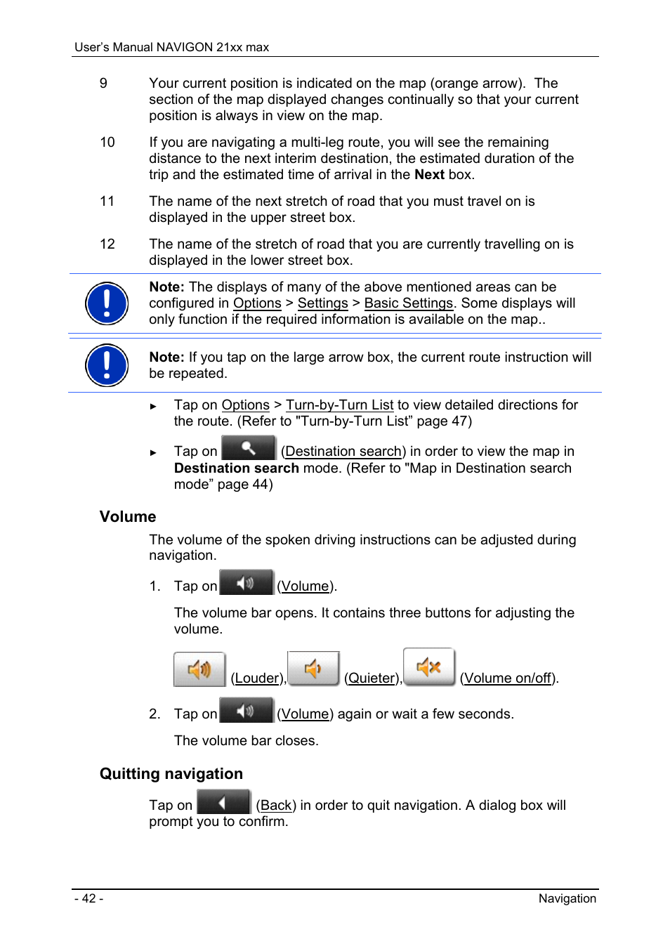 Volume, Quitting navigation | Navigon 21xx max User Manual | Page 42 / 66