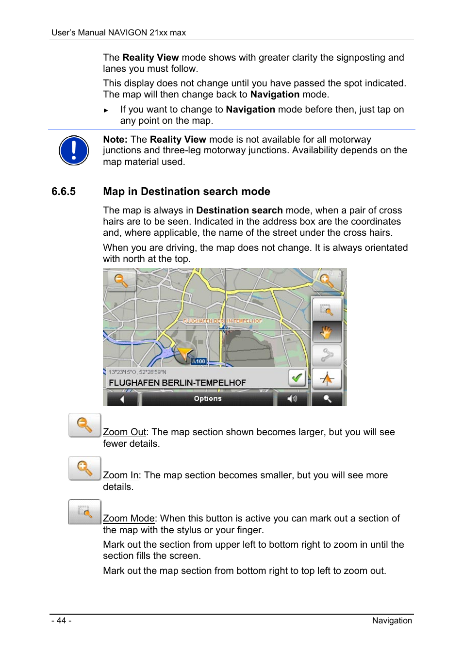 5 map in destination search mode, Map in destination search mode, To "map in destination search mode” pag | Navigon 21xx max User Manual | Page 44 / 66