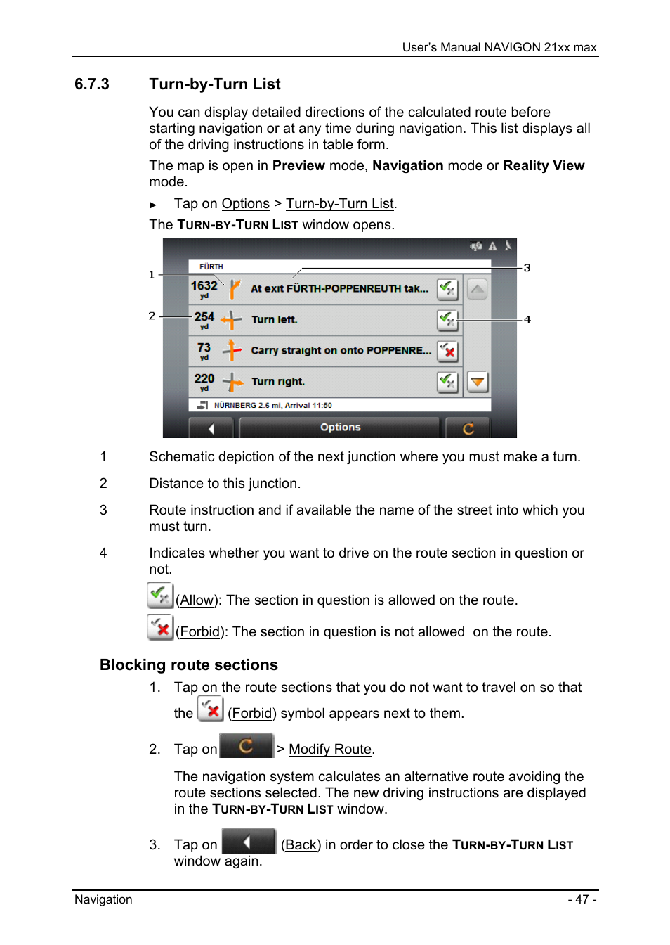 3 turn-by-turn list, Turn-by-turn list | Navigon 21xx max User Manual | Page 47 / 66